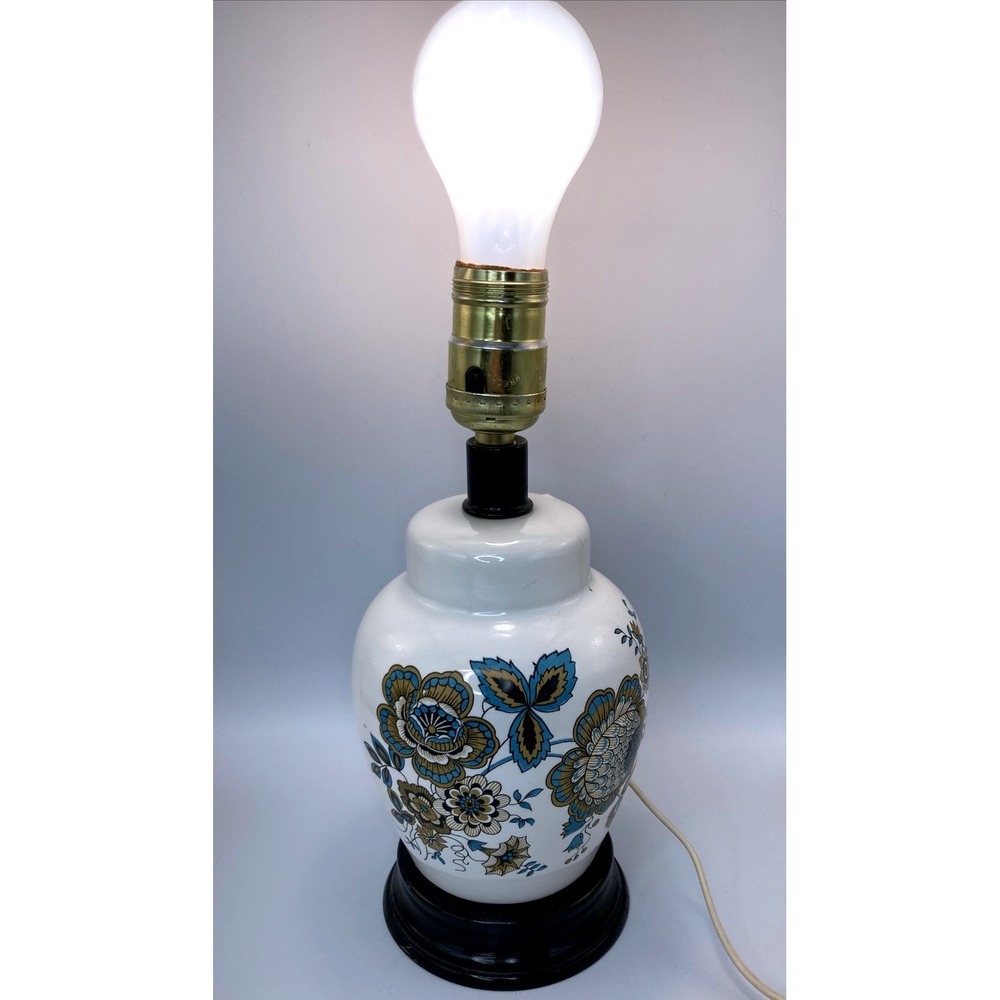 Vintage Miniature Boudoir/ Accent Ceramic Floral Lamp Blue Gold Wood Base